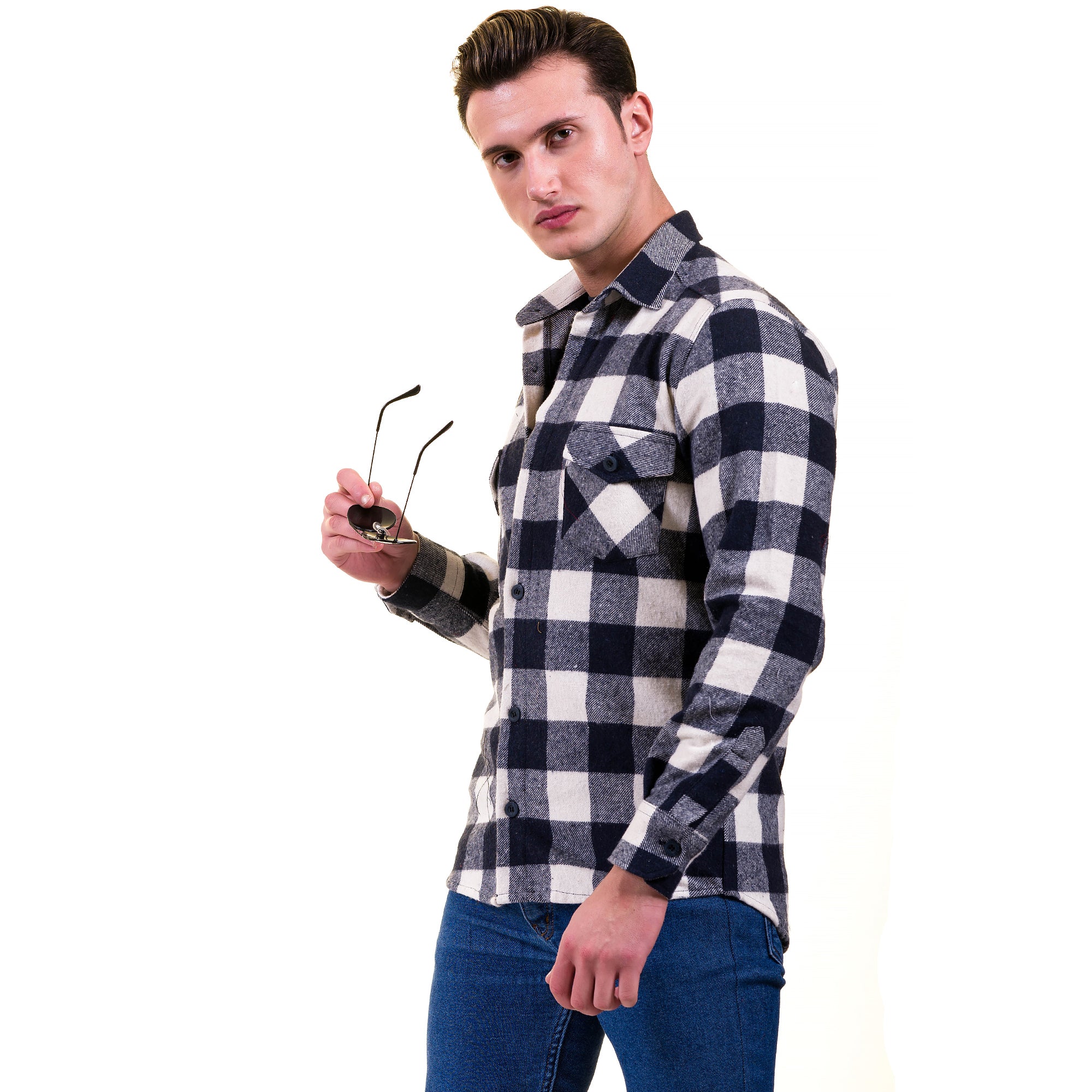 Navy Blue White Check Mens Slim Fit Designer Dress Shirt - tailored Cotton Shirts for Work and Casual Wear - Image 4