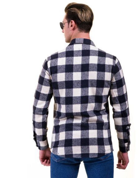 Navy Blue White Check Mens Slim Fit Designer Dress Shirt – tailored Cotton Shirts for Work and Casual Wear