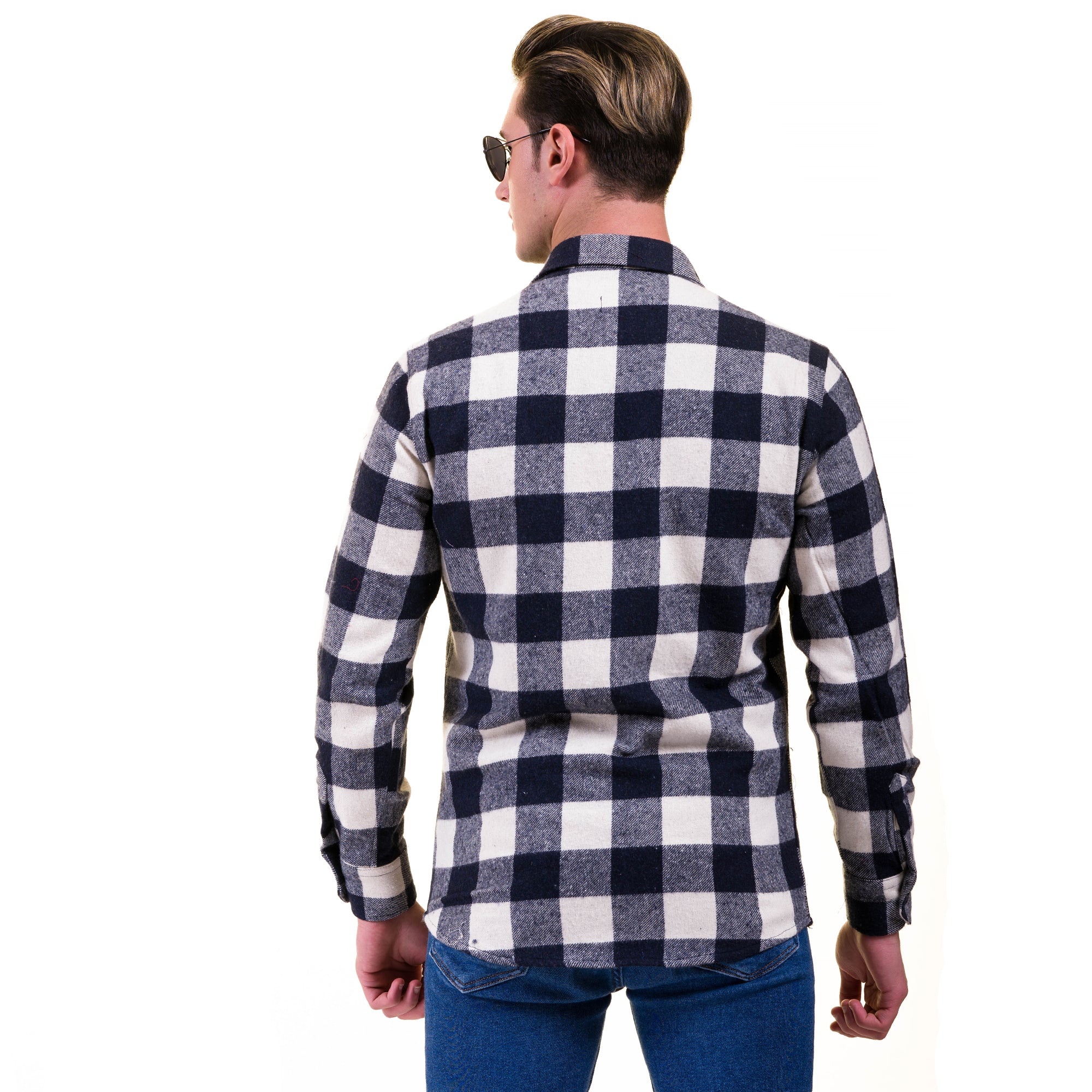 Navy Blue White Check Mens Slim Fit Designer Dress Shirt - tailored Cotton Shirts for Work and Casual Wear - Image 2