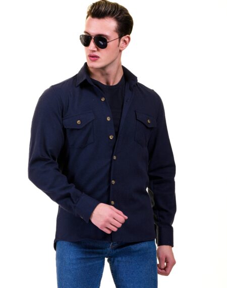 Solid Navy Blue Check Mens Slim Fit Designer Dress Shirt – tailored Cotton Shirts for Work and Casual Wear