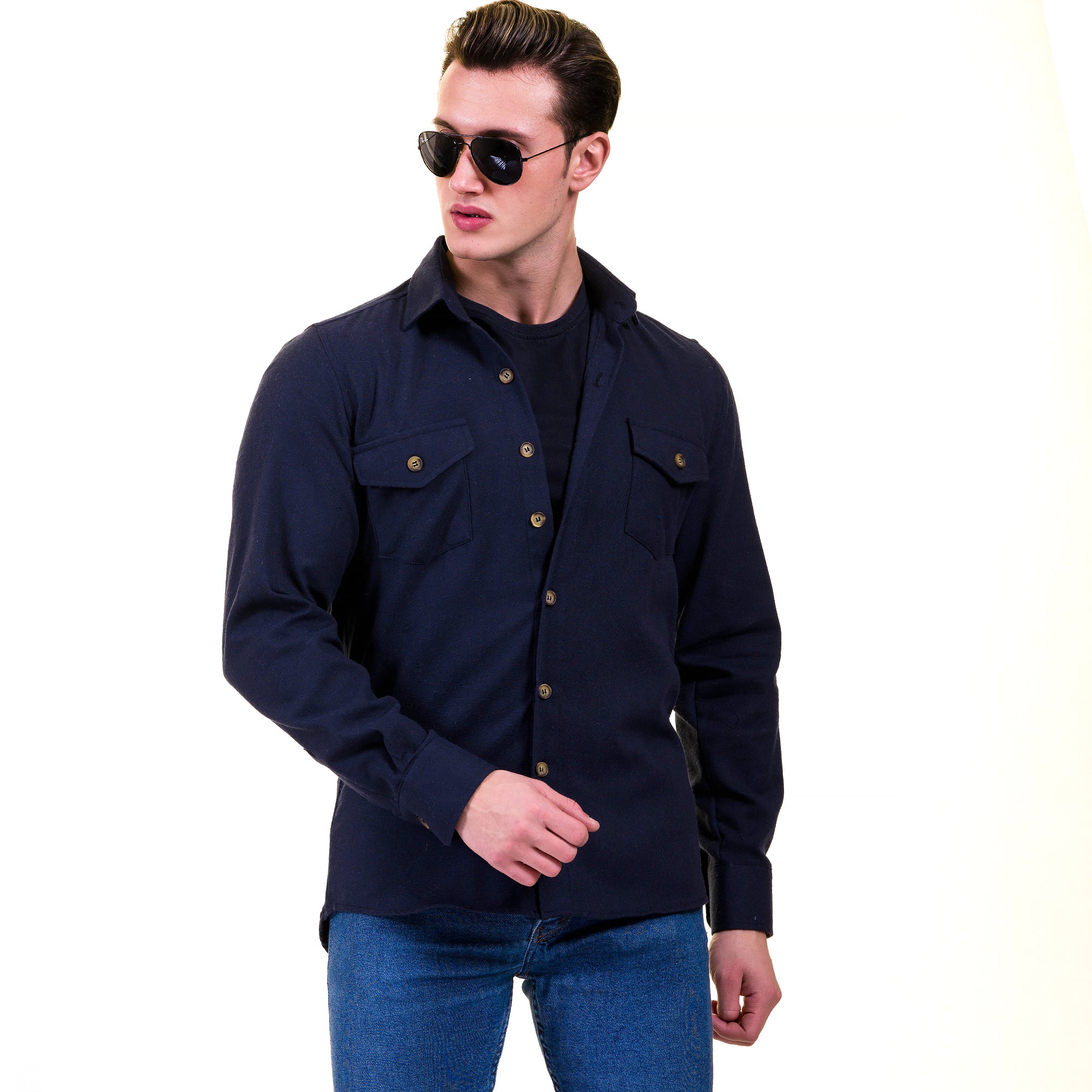 Solid Navy Blue Check Mens Slim Fit Designer Dress Shirt – tailored Cotton Shirts for Work and Casual Wear