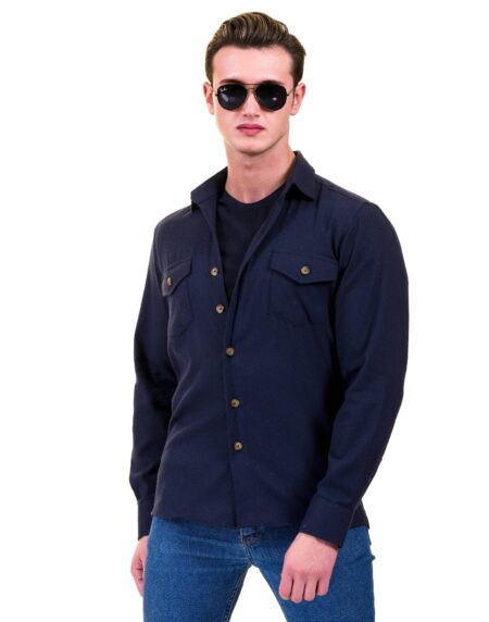 Solid Navy Blue Check Mens Slim Fit Designer Dress Shirt – tailored Cotton Shirts for Work and Casual Wear