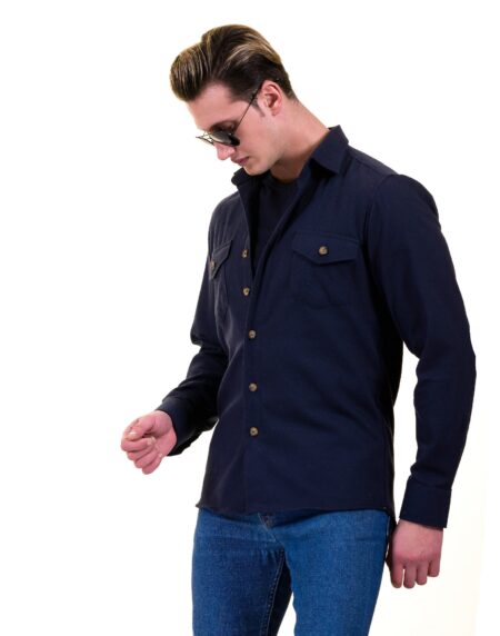 Solid Navy Blue Check Mens Slim Fit Designer Dress Shirt – tailored Cotton Shirts for Work and Casual Wear
