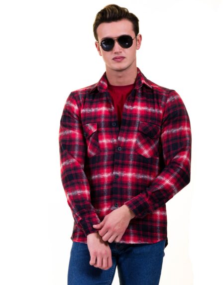 Red Black White Check Mens Slim Fit Designer Dress Shirt – tailored Cotton Shirts for Work and Casual Wear