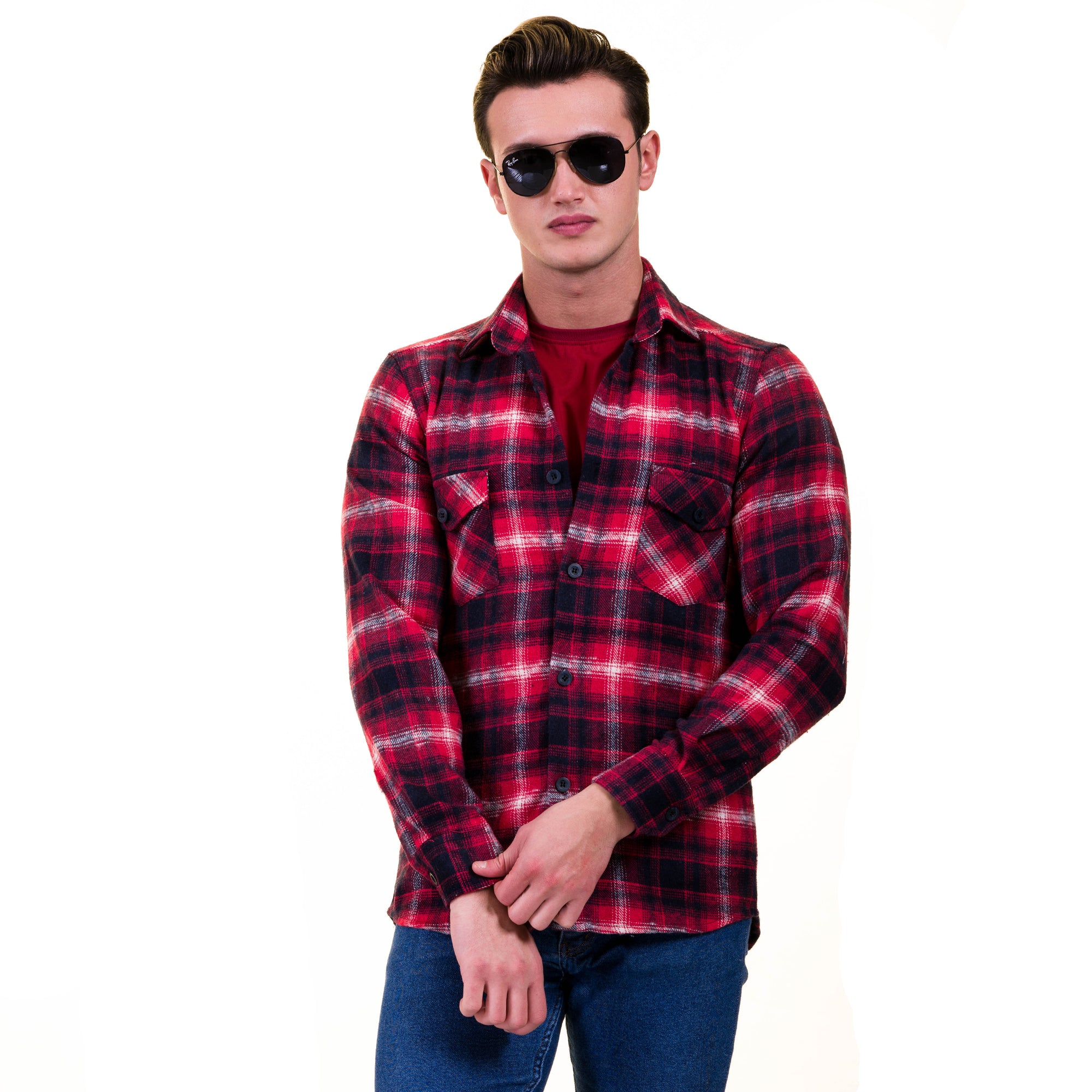 Red Black White Check Mens Slim Fit Designer Dress Shirt – tailored Cotton Shirts for Work and Casual Wear