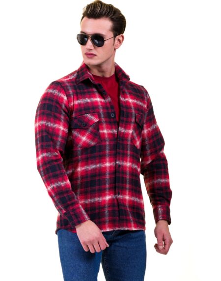 Red Black White Check Mens Slim Fit Designer Dress Shirt – tailored Cotton Shirts for Work and Casual Wear