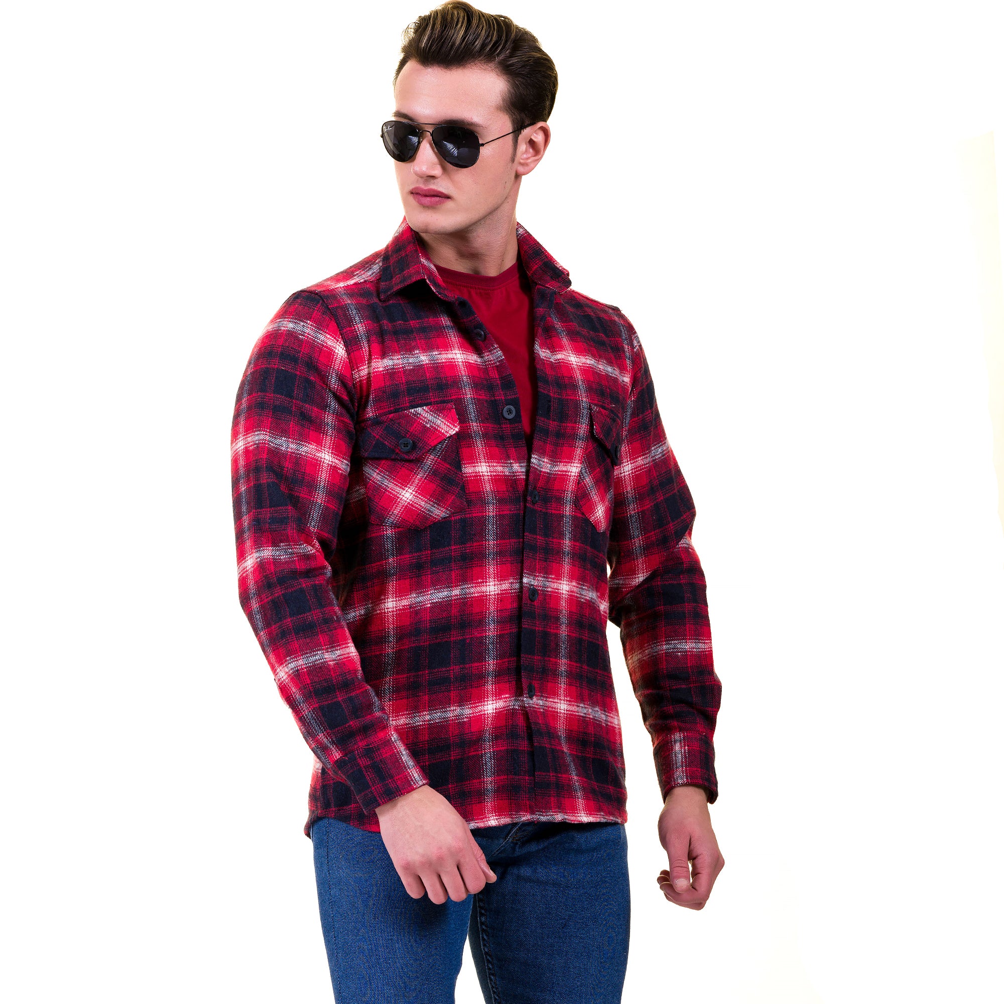 Red Black White Check Mens Slim Fit Designer Dress Shirt - tailored Cotton Shirts for Work and Casual Wear - Image 3