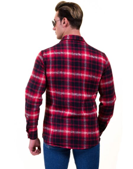 Red Black White Check Mens Slim Fit Designer Dress Shirt – tailored Cotton Shirts for Work and Casual Wear