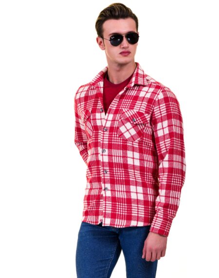 Red White Check Mens Slim Fit Designer Dress Shirt – tailored Cotton Shirts for Work and Casual Wear