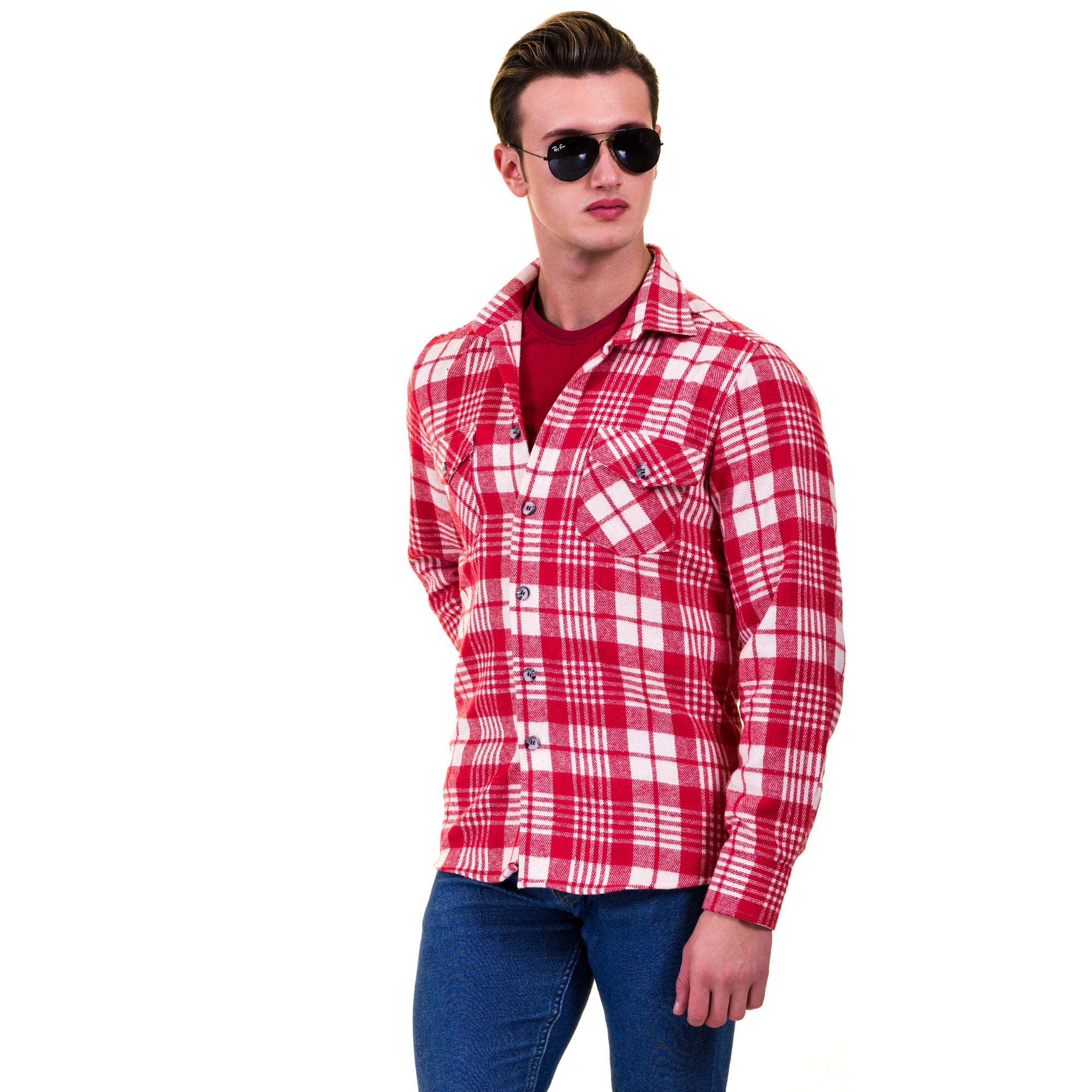 Red White Check Mens Slim Fit Designer Dress Shirt – tailored Cotton Shirts for Work and Casual Wear