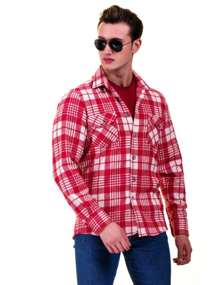 Red White Check Mens Slim Fit Designer Dress Shirt – tailored Cotton Shirts for Work and Casual Wear