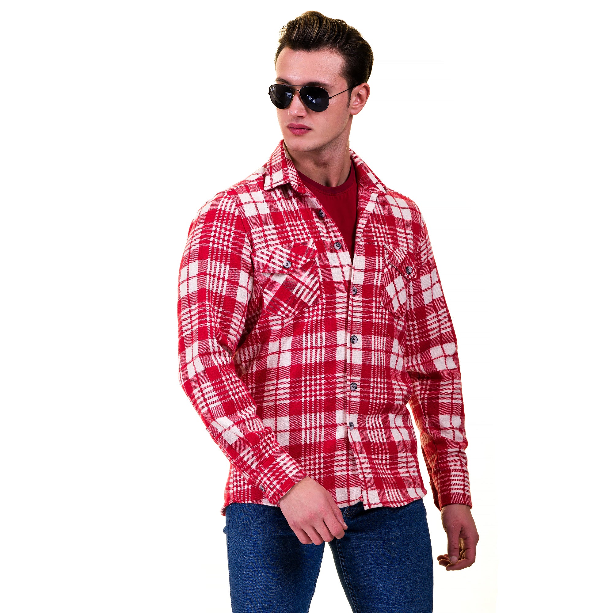 Red White Check Mens Slim Fit Designer Dress Shirt - tailored Cotton Shirts for Work and Casual Wear - Image 2