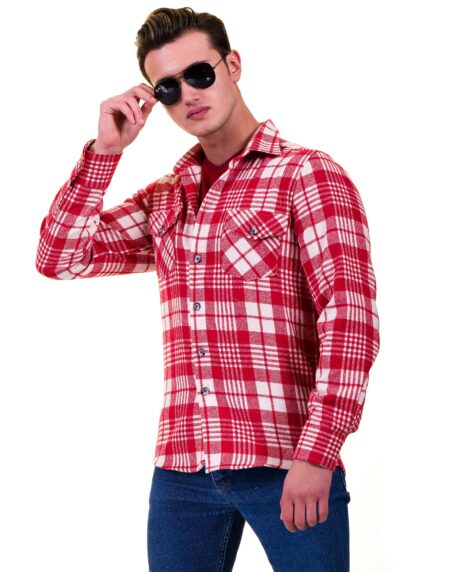 Red White Check Mens Slim Fit Designer Dress Shirt – tailored Cotton Shirts for Work and Casual Wear