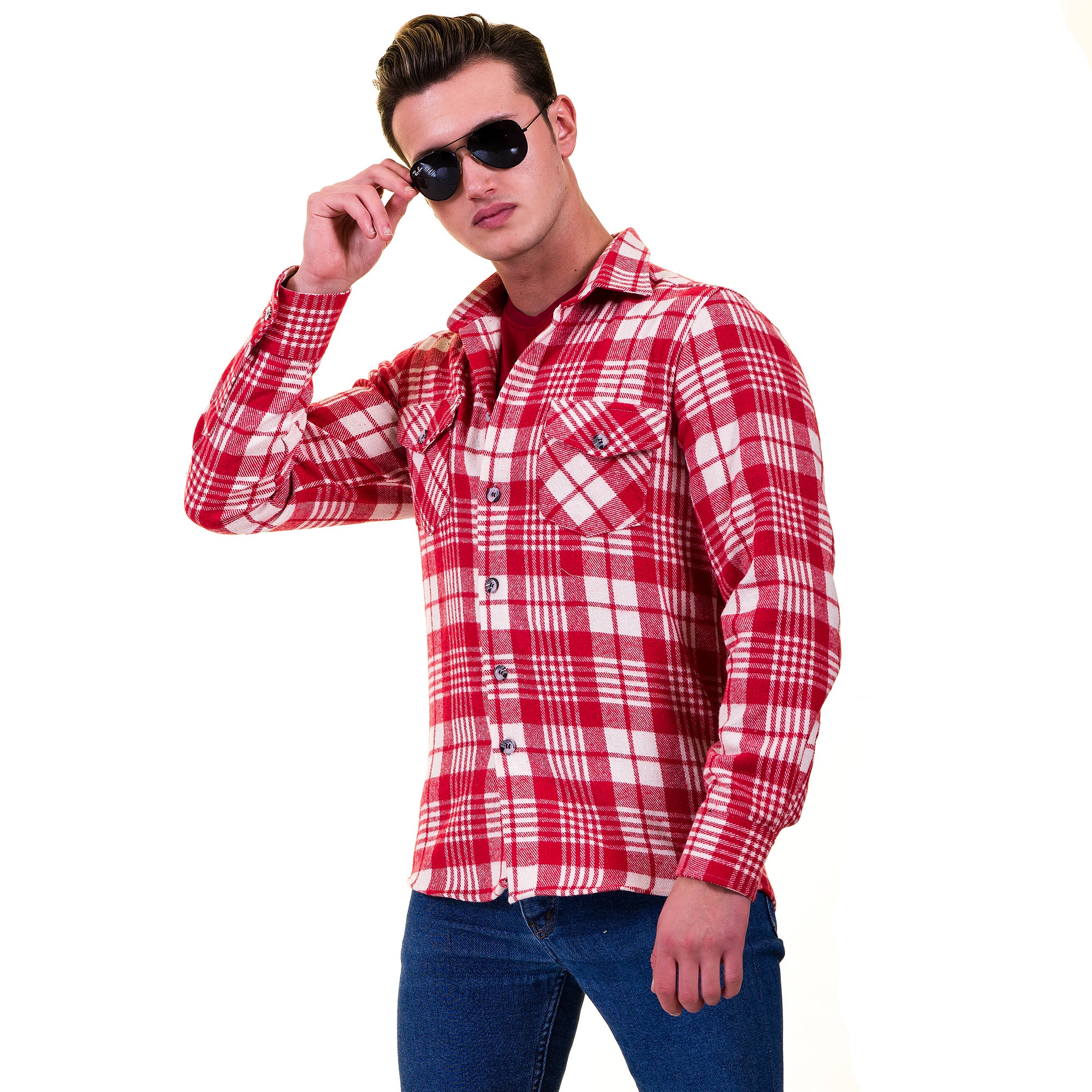 Red White Check Mens Slim Fit Designer Dress Shirt - tailored Cotton Shirts for Work and Casual Wear - Image 3