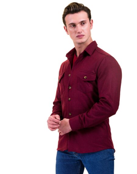 Solid Burgandy Mens Slim Fit Designer Dress Shirt – tailored Cotton Shirts for Work and Casual Wear