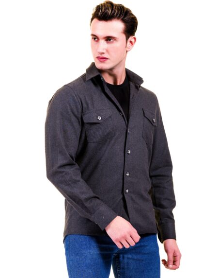 Solid Grey Mens Slim Fit Designer Dress Shirt – tailored Cotton Shirts for Work and Casual Wear