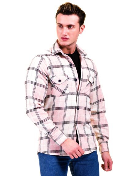 Salmon Pink White Check Mens Slim Fit Designer Dress Shirt – tailored Cotton Shirts for Work and Casual Wear
