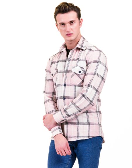 Salmon Pink White Check Mens Slim Fit Designer Dress Shirt – tailored Cotton Shirts for Work and Casual Wear