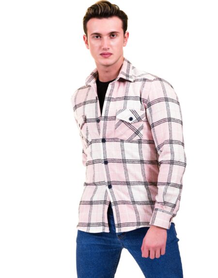 Salmon Pink White Check Mens Slim Fit Designer Dress Shirt – tailored Cotton Shirts for Work and Casual Wear