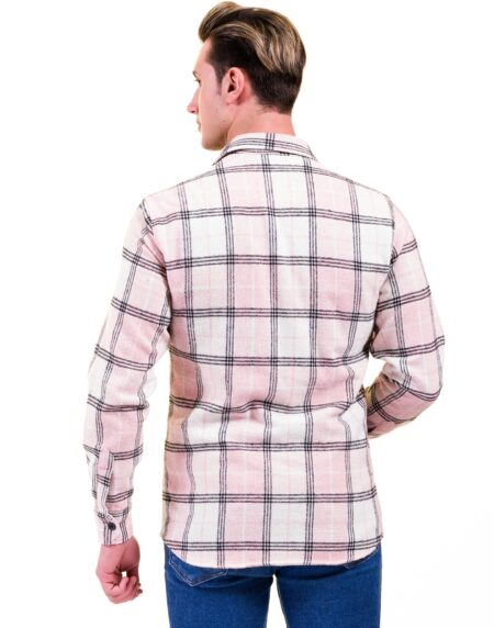 Salmon Pink White Check Mens Slim Fit Designer Dress Shirt – tailored Cotton Shirts for Work and Casual Wear