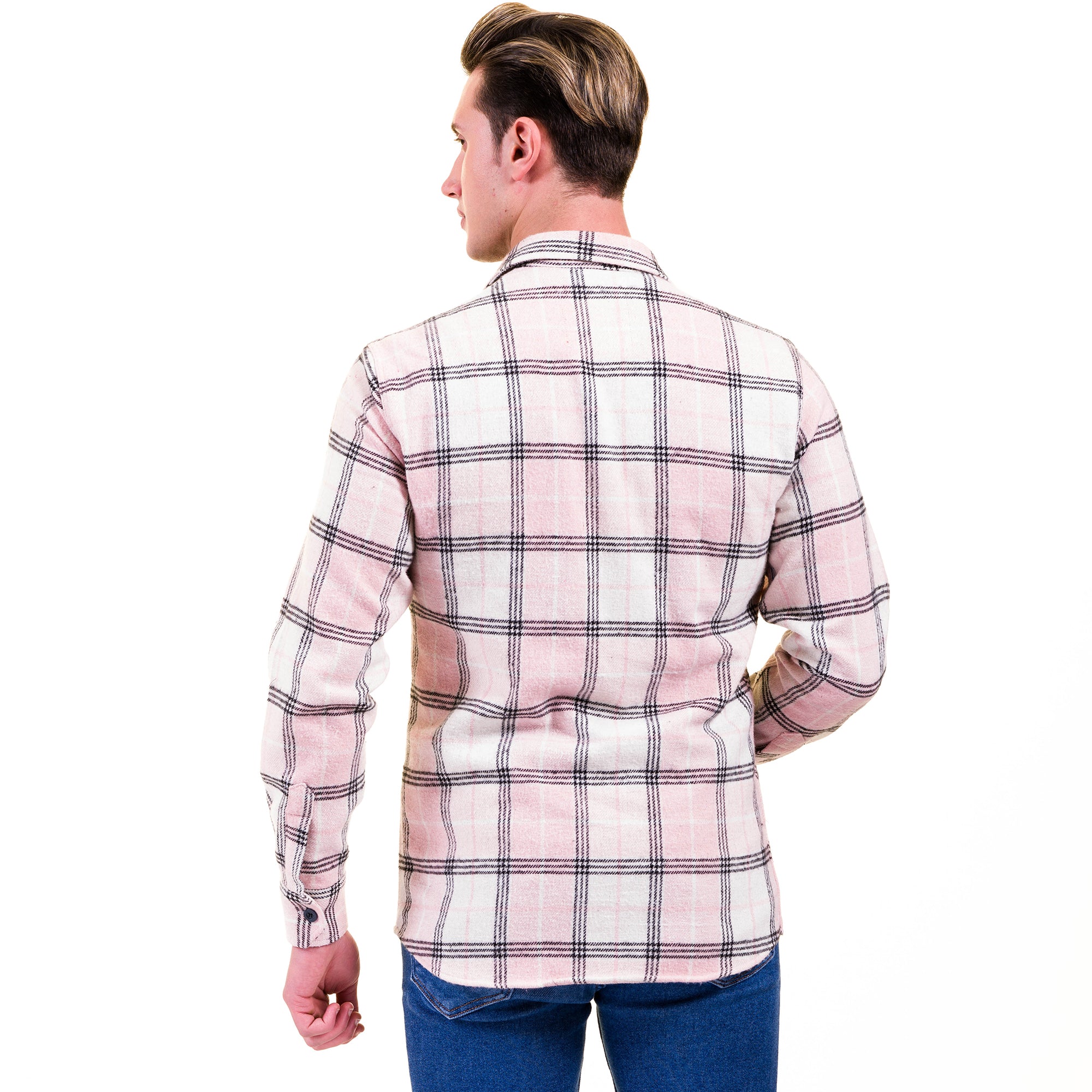 Salmon Pink White Check Mens Slim Fit Designer Dress Shirt – tailored Cotton Shirts for Work and Casual Wear