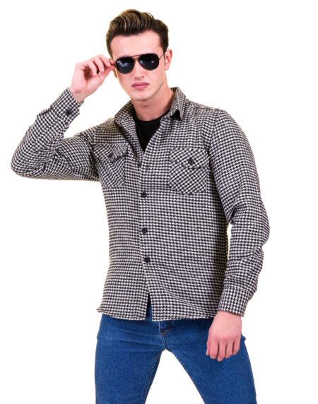 Black White Harringbone Mens Slim Fit Designer French Cuff Shirt – tailored Cotton Shirts for Work and Casual Wear