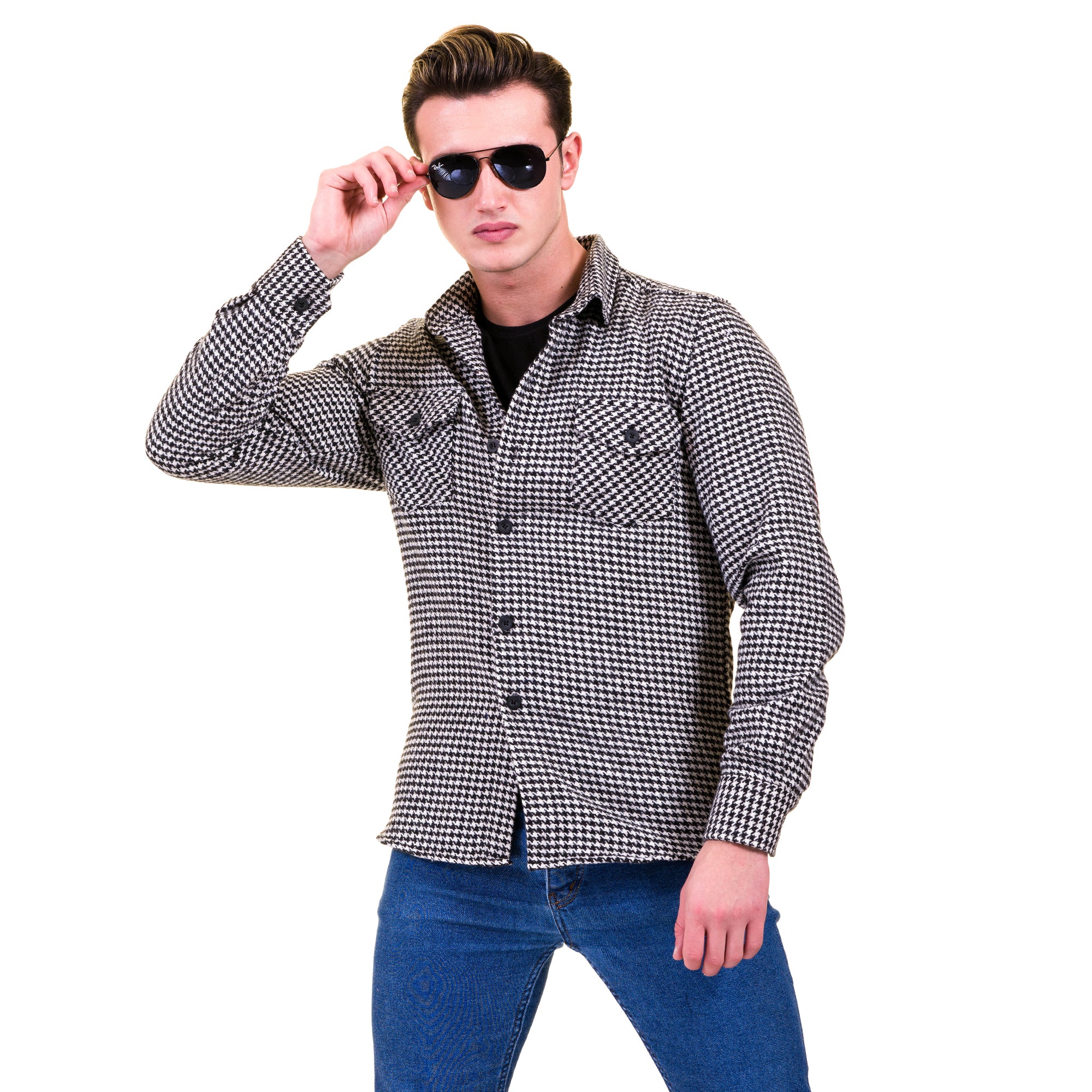 Black White Harringbone Mens Slim Fit Designer French Cuff Shirt – tailored Cotton Shirts for Work and Casual Wear