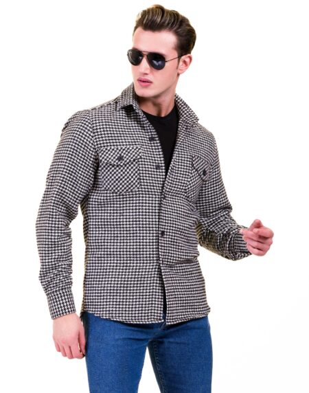 Black White Harringbone Mens Slim Fit Designer French Cuff Shirt – tailored Cotton Shirts for Work and Casual Wear