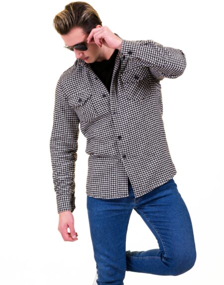 Black White Harringbone Mens Slim Fit Designer French Cuff Shirt – tailored Cotton Shirts for Work and Casual Wear
