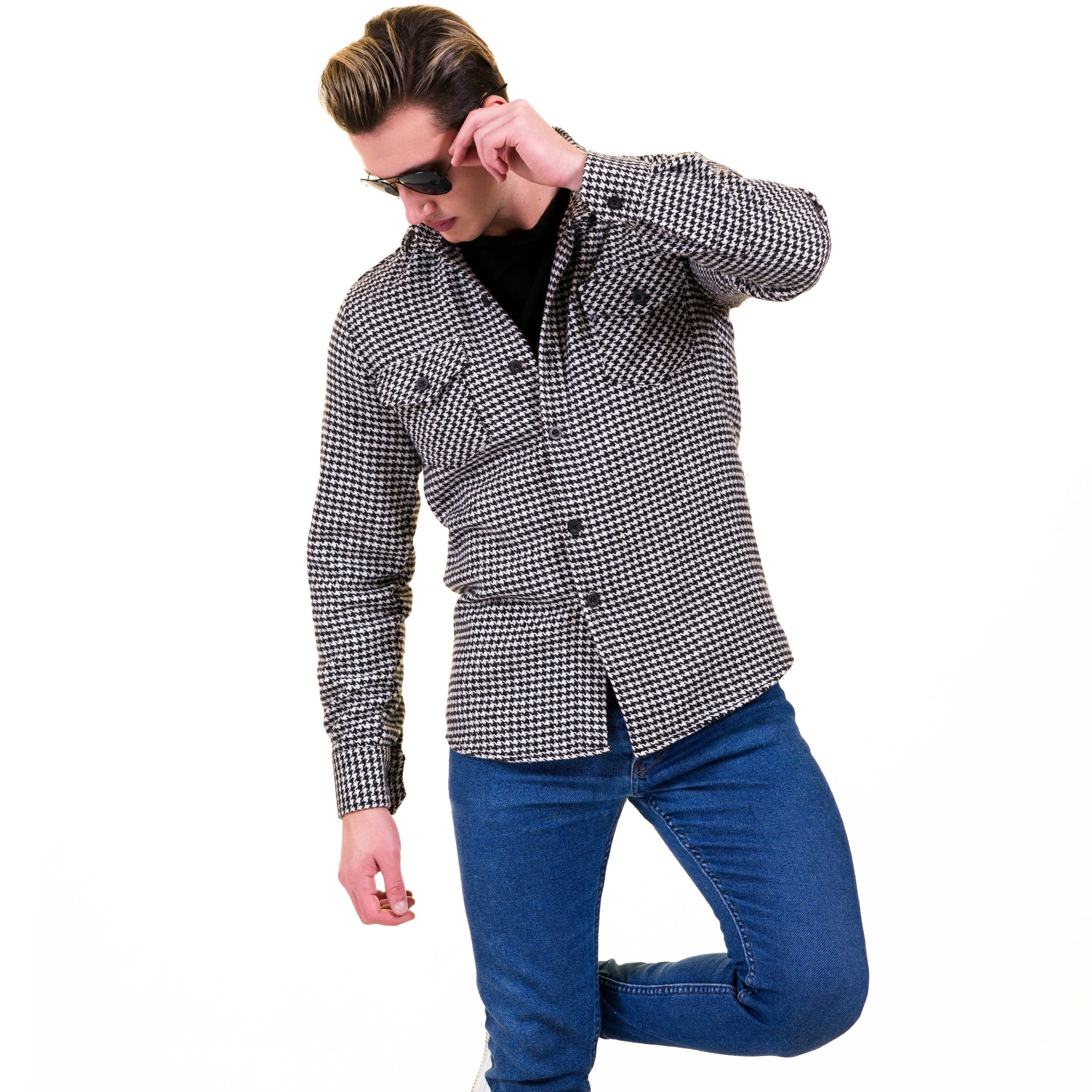 Black White Harringbone Mens Slim Fit Designer French Cuff Shirt - tailored Cotton Shirts for Work and Casual Wear - Image 3