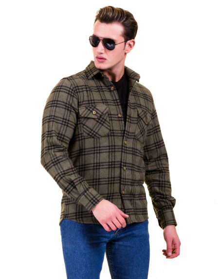 Olive Green Black Check Mens Slim Fit Designer Dress Shirt – tailored Cotton Shirts for Work and Casual Wear