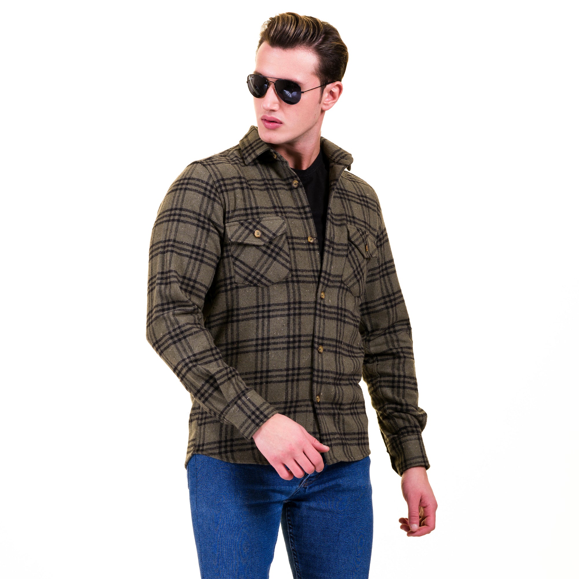 Olive Green Black Check Mens Slim Fit Designer Dress Shirt – tailored Cotton Shirts for Work and Casual Wear