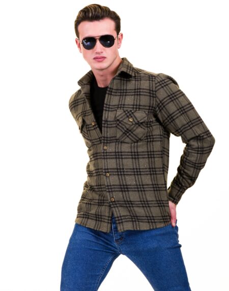 Olive Green Black Check Mens Slim Fit Designer Dress Shirt – tailored Cotton Shirts for Work and Casual Wear