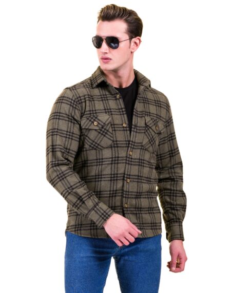 Olive Green Black Check Mens Slim Fit Designer Dress Shirt – tailored Cotton Shirts for Work and Casual Wear