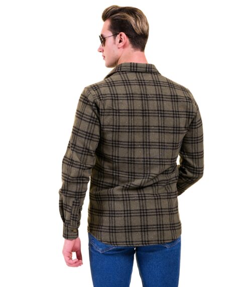 Olive Green Black Check Mens Slim Fit Designer Dress Shirt – tailored Cotton Shirts for Work and Casual Wear