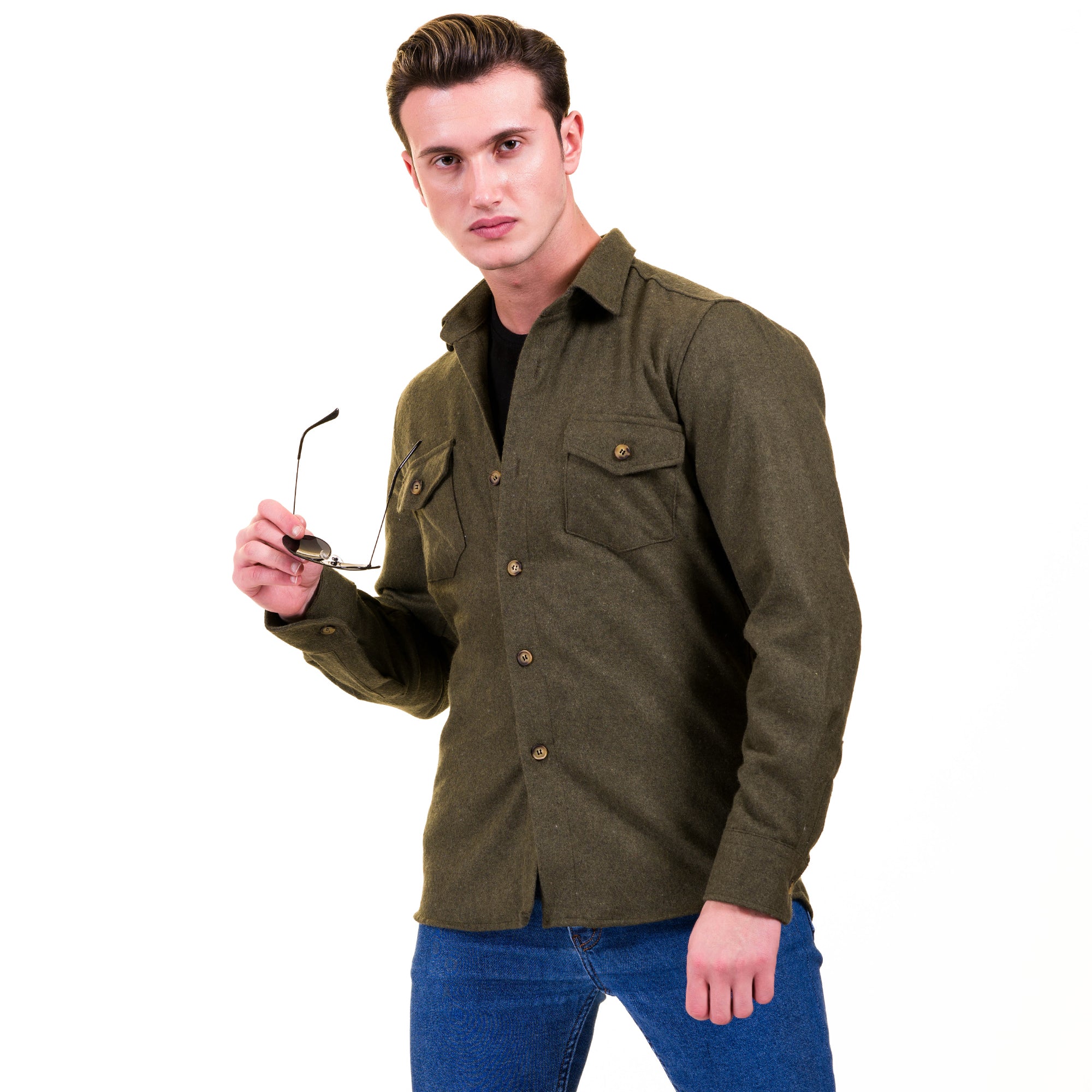 Solid Olive Green Mens Slim Fit Designer Dress Shirt – tailored Cotton Shirts for Work and Casual Wear