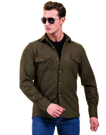 Solid Olive Green Mens Slim Fit Designer Dress Shirt – tailored Cotton Shirts for Work and Casual Wear