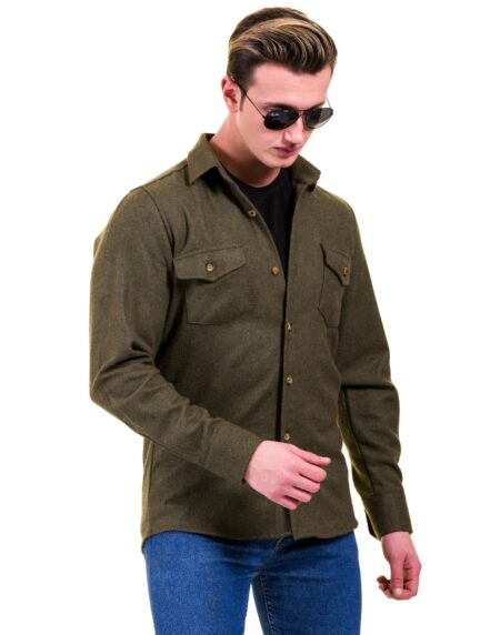 Solid Olive Green Mens Slim Fit Designer Dress Shirt – tailored Cotton Shirts for Work and Casual Wear