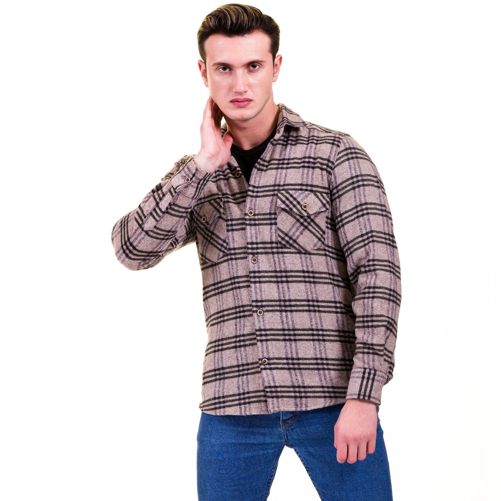 Tan Black Check Mens Slim Fit Designer Dress Shirt - tailored Cotton Shirts for Work and Casual Wear - Image 4