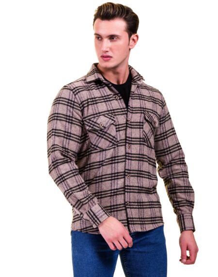 Tan Black Check  Mens Slim Fit Designer Dress Shirt – tailored Cotton Shirts for Work and Casual Wear
