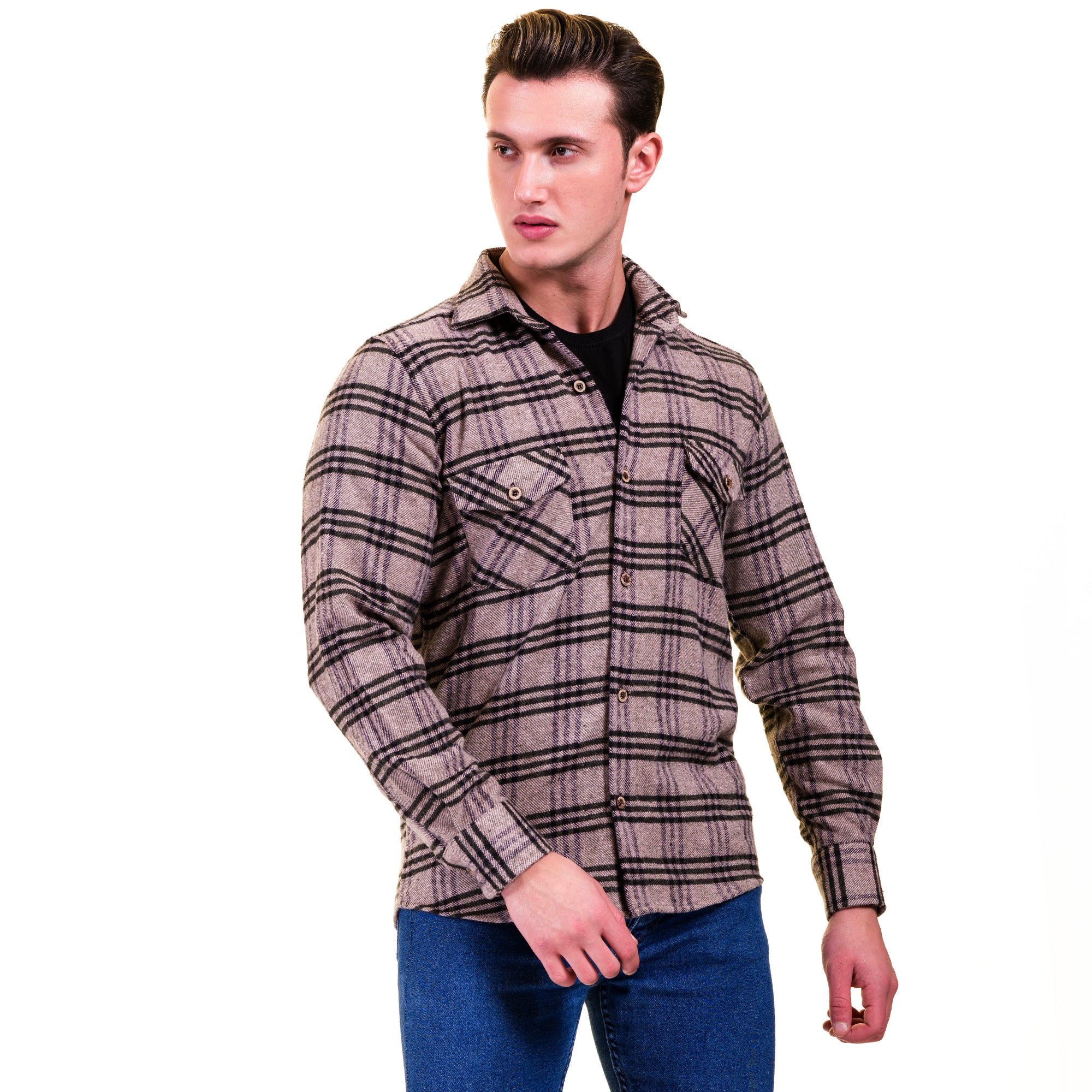 Tan Black Check Mens Slim Fit Designer Dress Shirt - tailored Cotton Shirts for Work and Casual Wear - Image 3