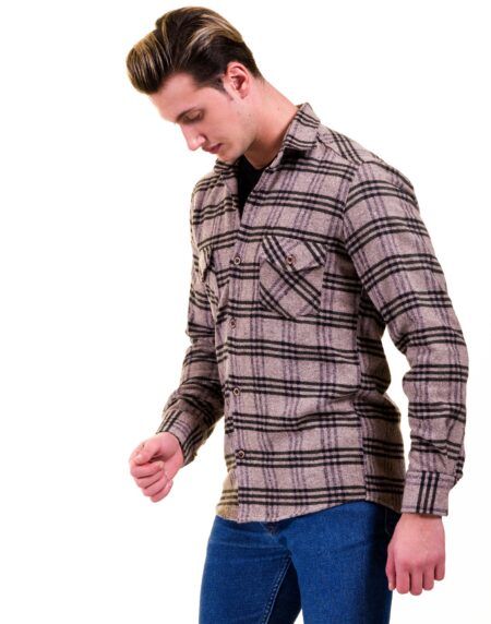 Tan Black Check  Mens Slim Fit Designer Dress Shirt – tailored Cotton Shirts for Work and Casual Wear