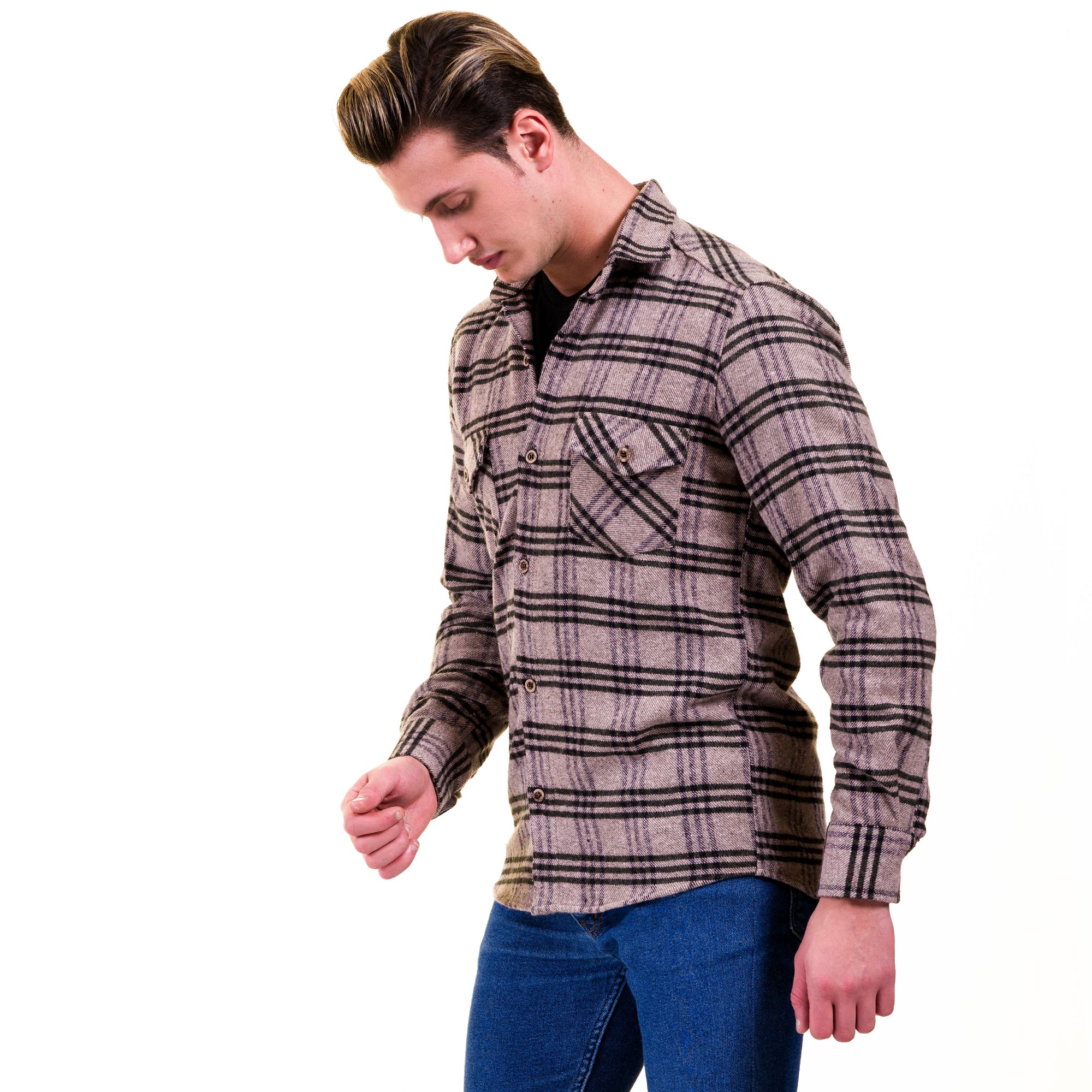 Tan Black Check Mens Slim Fit Designer Dress Shirt – tailored Cotton Shirts for Work and Casual Wear