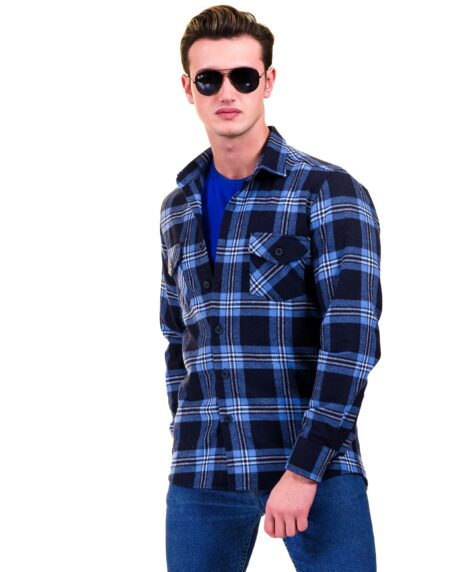 Blue Black Check Mens Slim Fit Designer French Cuff Shirt – tailored Cotton Shirts for Work and Casual Wear