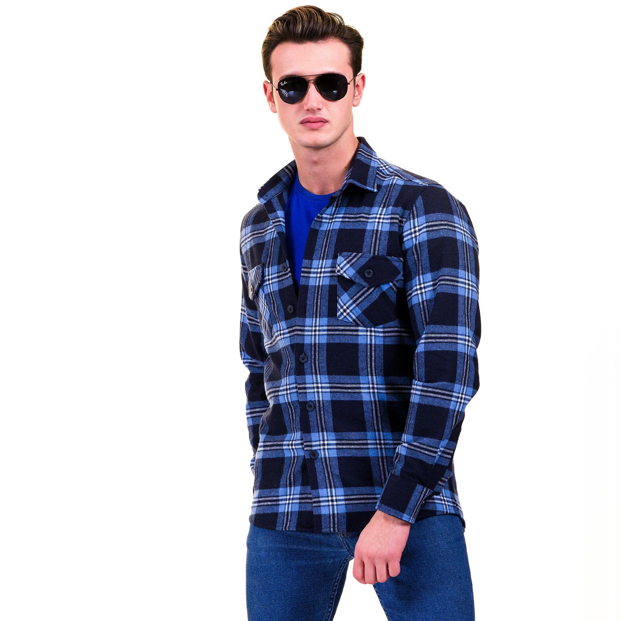 Blue Black Check Mens Slim Fit Designer French Cuff Shirt - tailored Cotton Shirts for Work and Casual Wear - Image 3