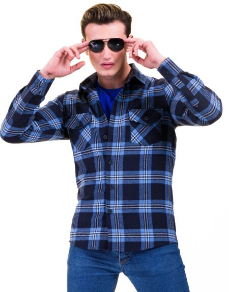 Blue Black Check Mens Slim Fit Designer French Cuff Shirt – tailored Cotton Shirts for Work and Casual Wear