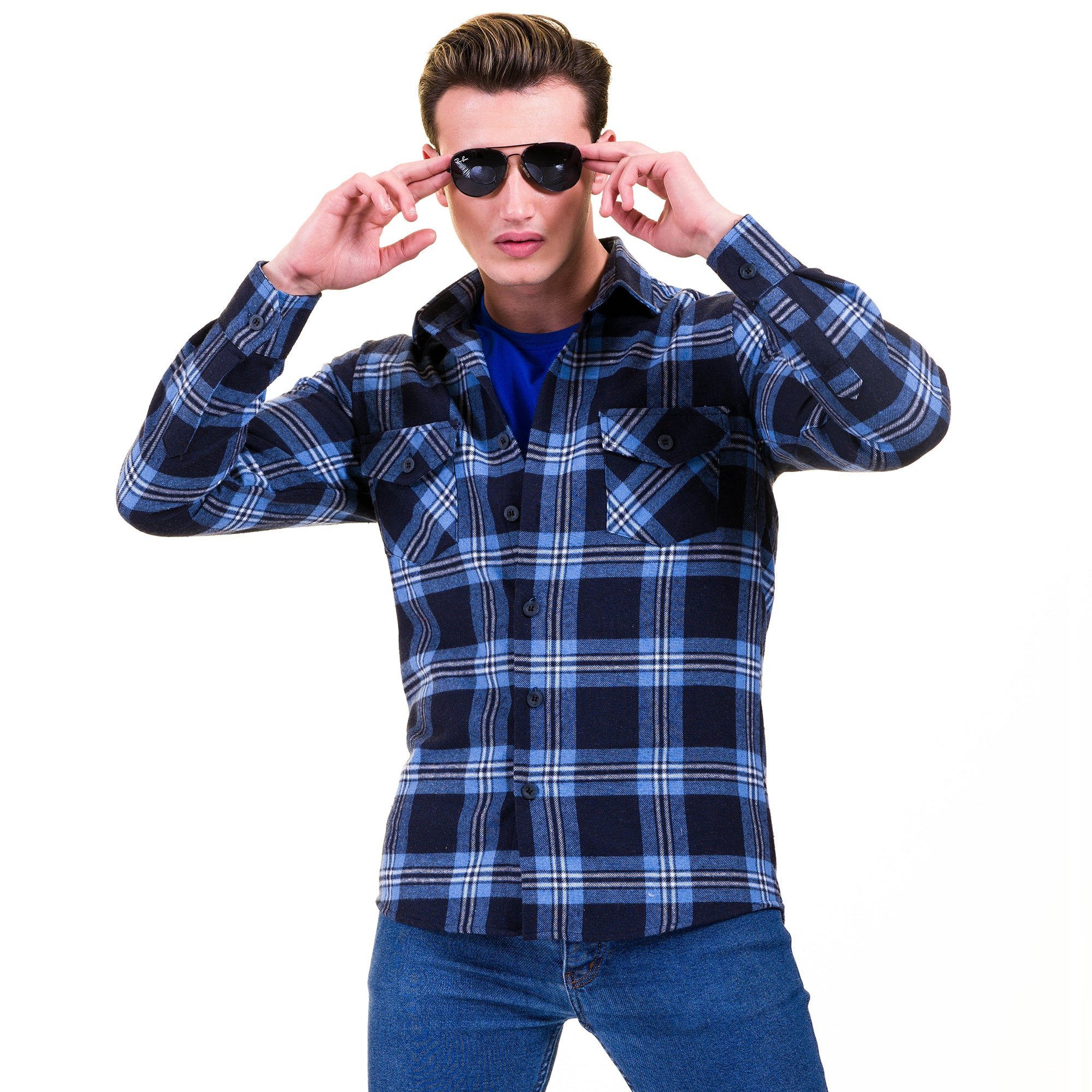 Blue Black Check Mens Slim Fit Designer French Cuff Shirt - tailored Cotton Shirts for Work and Casual Wear - Image 4
