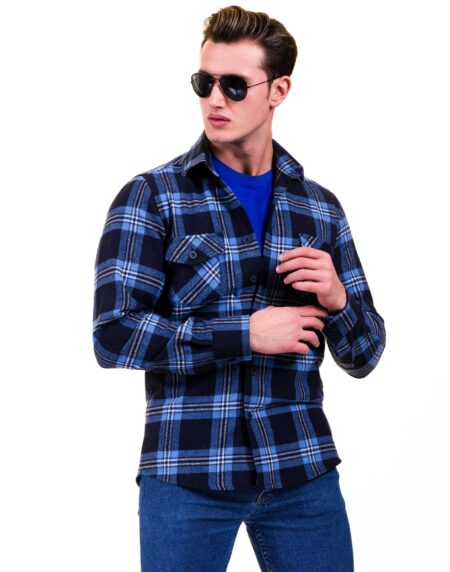 Blue Black Check Mens Slim Fit Designer French Cuff Shirt – tailored Cotton Shirts for Work and Casual Wear