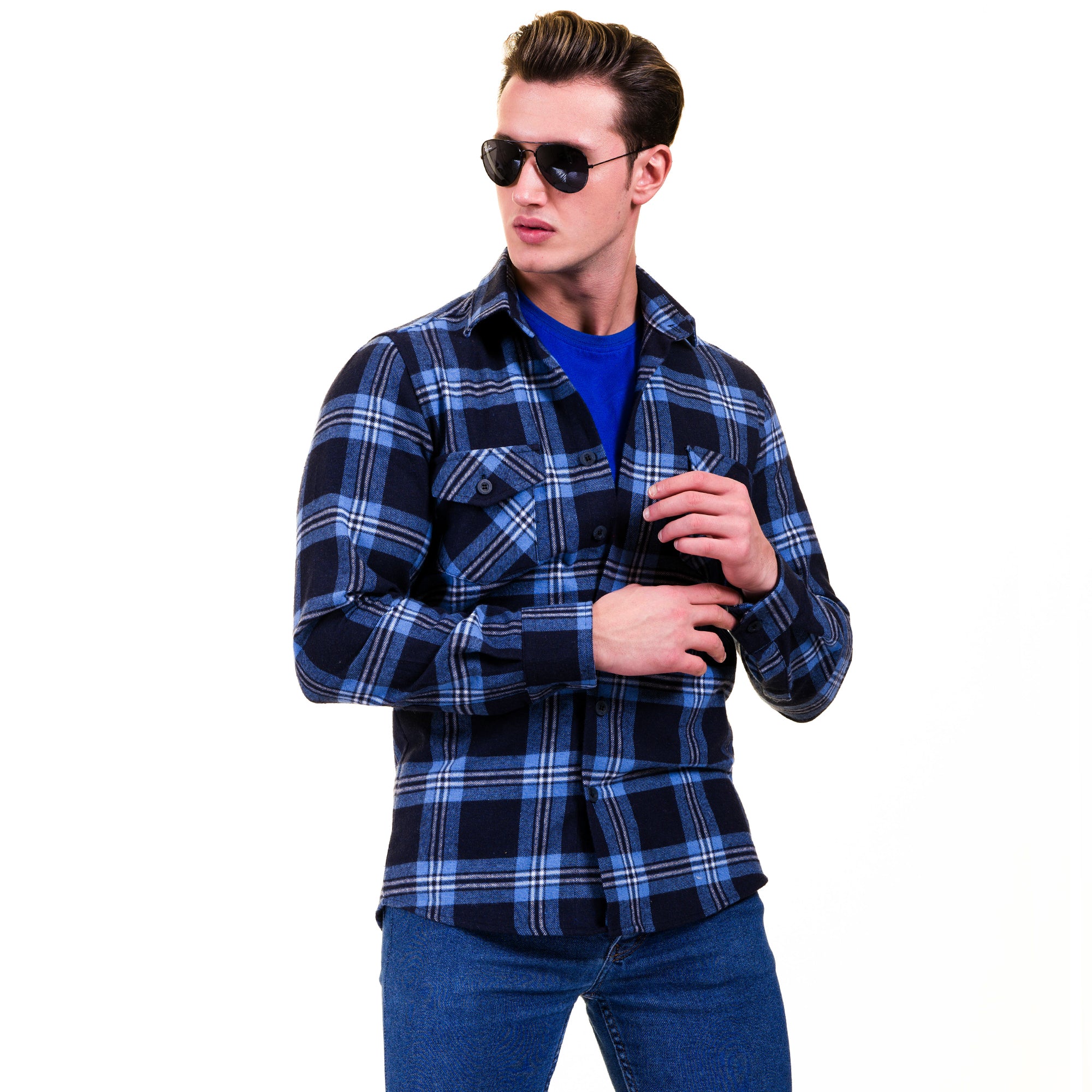 Blue Black Check Mens Slim Fit Designer French Cuff Shirt – tailored Cotton Shirts for Work and Casual Wear