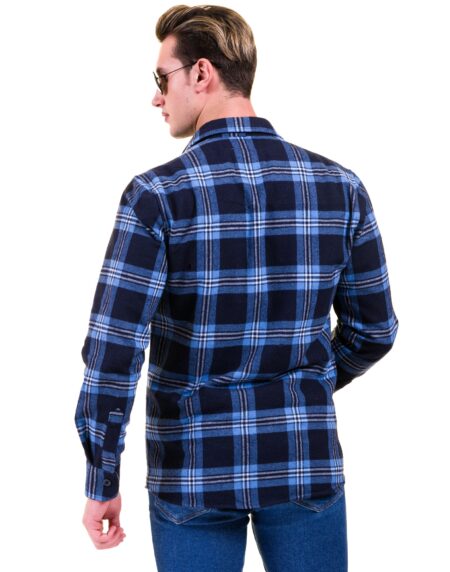 Blue Black Check Mens Slim Fit Designer French Cuff Shirt – tailored Cotton Shirts for Work and Casual Wear